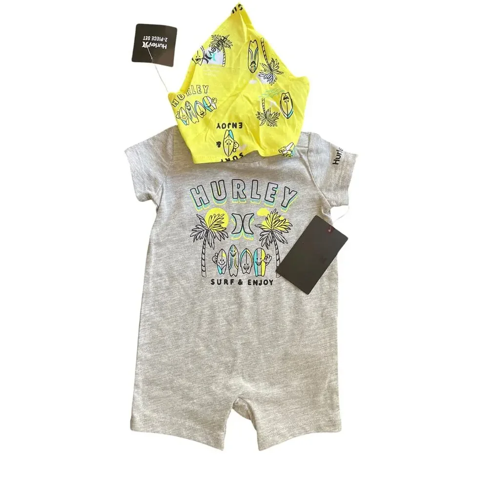 Hurley Baby 2-Pc. Shark Romper and Bib Set 3M